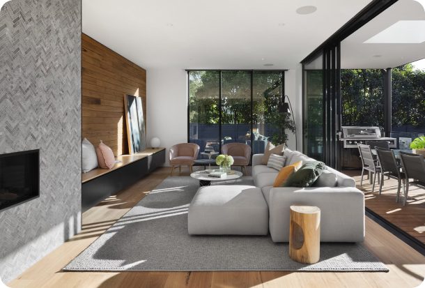 Architect-designed open-plan living room renovation by Elite Renovations